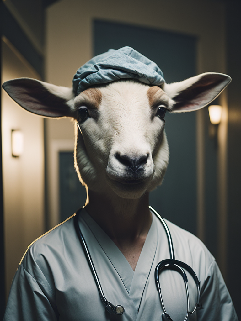 A sheep look like a human stylized as a nurse in the hospital. Full length.