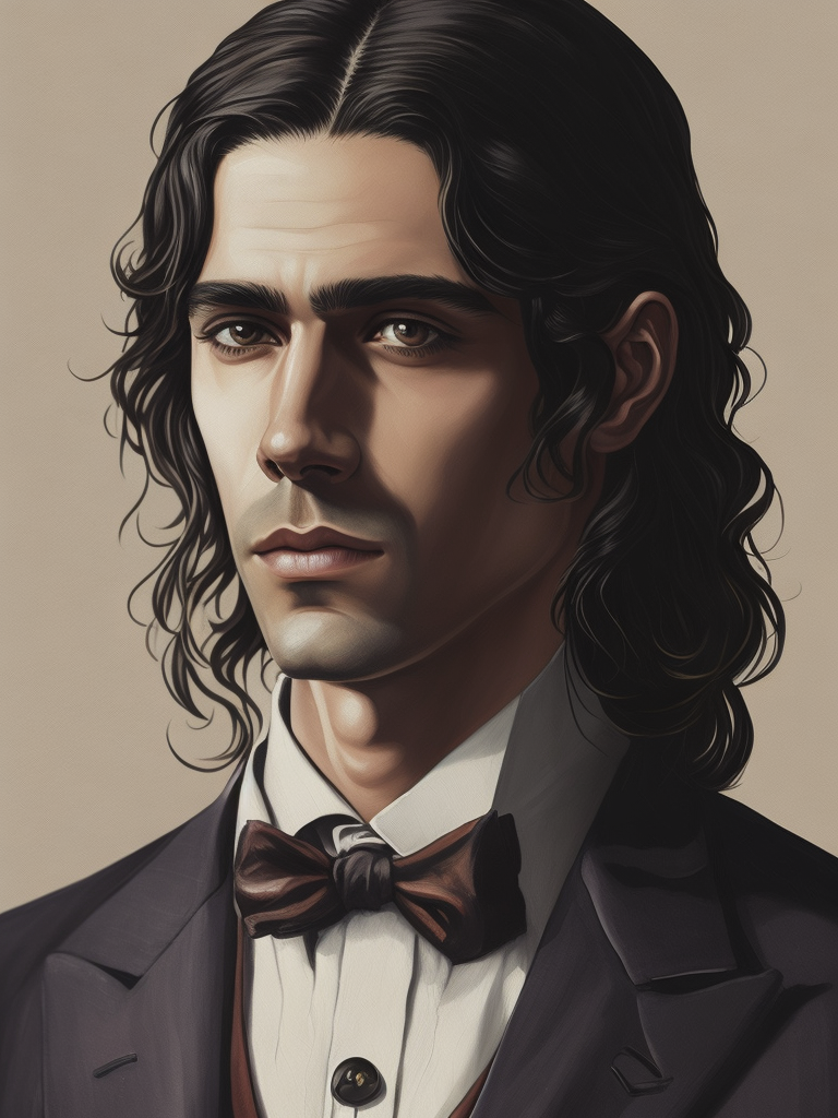 Illustration of a man with long dark hair in a suit with a bow tie, painting, oil, tempera, water color, collage, style of Hannah Höch