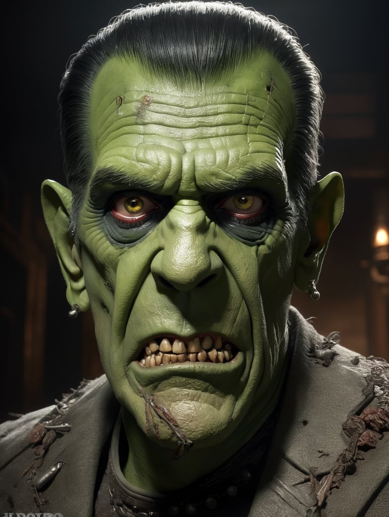 hyperrealistic cartoon image of Boris Karloff as Frankenstein's Monster, Green Skin, muted color palette, atmospheric, creepy, intricate detail, reanimated corpse, scar tissue, decomposing, starring eyes, horror, horrific, neck, bolts, gangrene, veins, mutilated, stitches on face