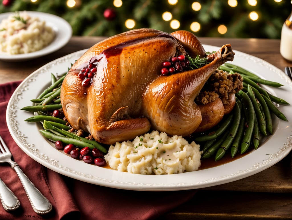 A roast turkey with stuffing, cranberry sauce, mashed potatoes, gravy, and green beans