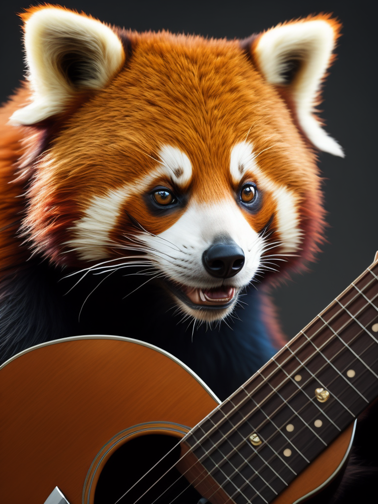 Red panda bear playing guitar, Vivid saturated colors, Contrast light, studio photo, professional photo, Detailed image, detailed face