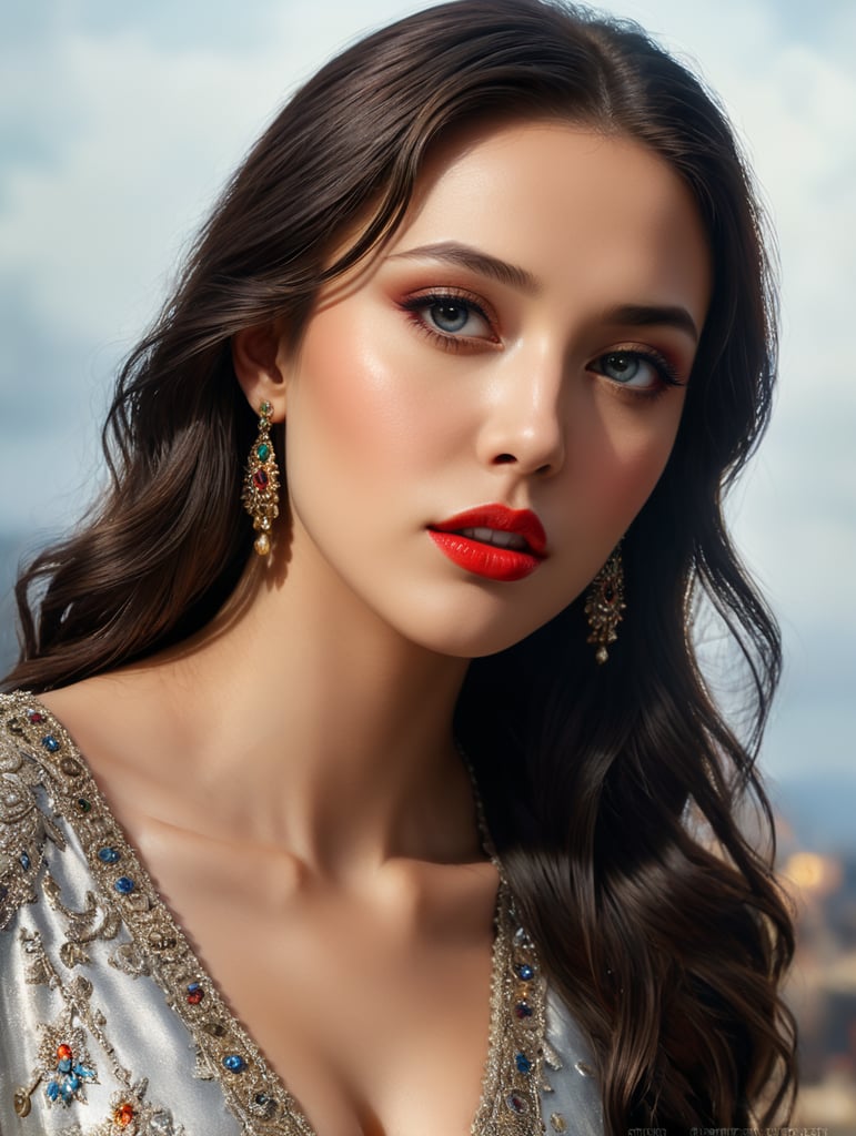 Crea un retrato con base en la referencia, respeta el rostro de la chica, gran detalle, textura, colores saturados, elegante, Vogue, revista de moda, enfoque nítido, maquillaje expresivo y brillante, luz dramática, profundidad de campo, fondo desenfocado