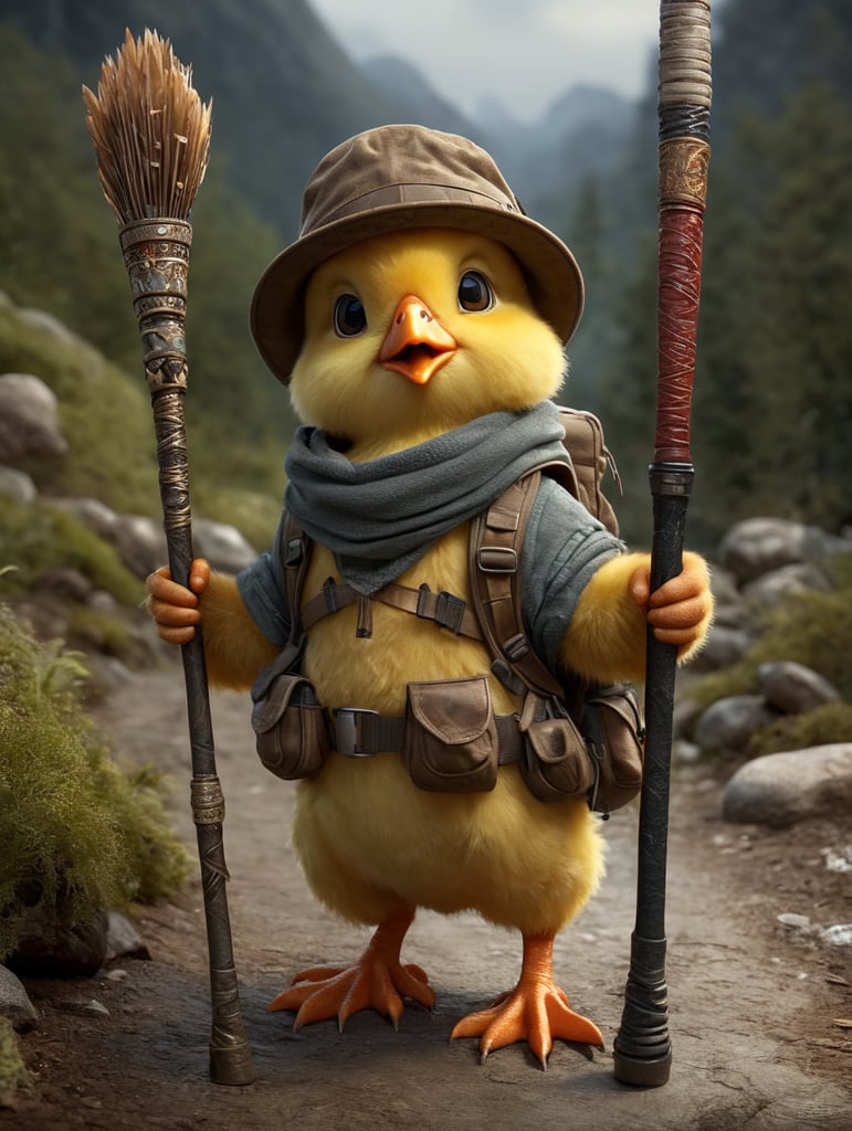 Cartoon baby chick, Hiker, walking stick, hat, pants, boots