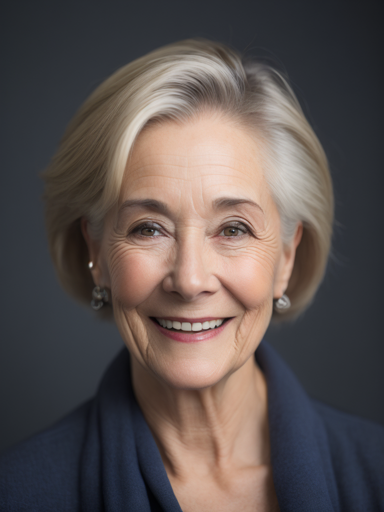 older woman smiling, not looking at camera, dark blue background