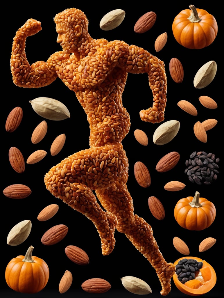 anatomy of a male, human figure made of ingredients, nuts, raisins, almonds, dates, pumpkin seeds, active pose, jumping, running, isolated, black background