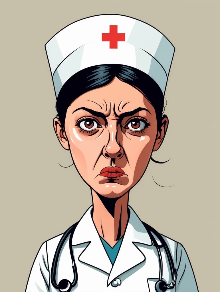 an angry nurse, Illustration, Flat Style, France, style of Jean Jullien