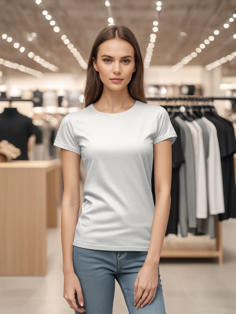 Woman wearing T-Shirt in Clothing Store Mockup