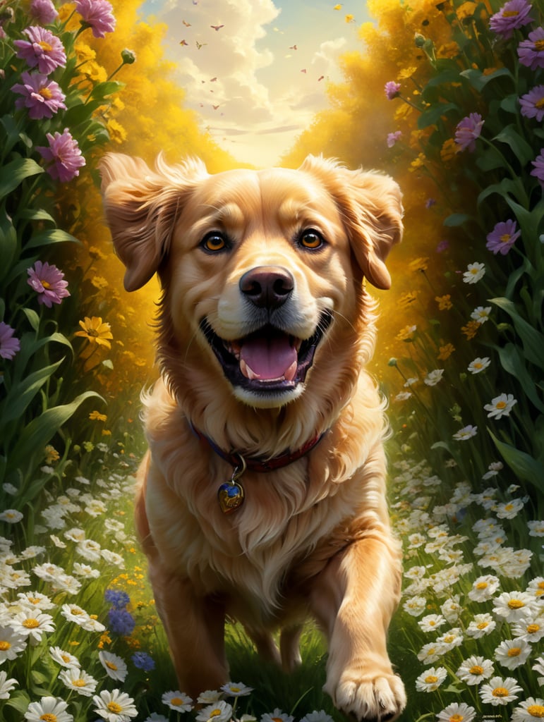 disney pixar movie poster with title'phi', a golden golden retriever with deep brown eyes with longer legs running in a field of flowers. side profile