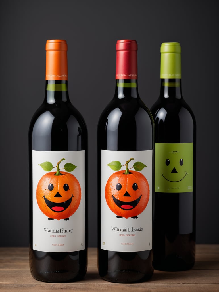 dos botellas de vino tinto con etiquetas ilustradas por un niño de kinder con caras felices y personajes de palitos con colores vibrantes, las botellas que sean de acrilico de color naranja y verde fosforescente. en set fotografico profesional minimalista con fondo gris obscuros