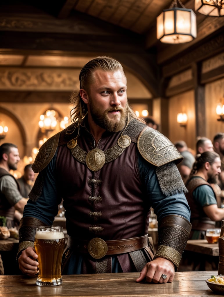 Ragnar Lothbrok having fun in Valhalla with the gods, a lot of food on the tables, women dancing, a lot of ale