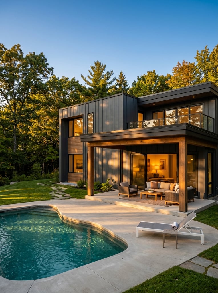 two-story dark grey modern house, large covered patio with wooden pillars and outdoor seating, warm interior light through glass doors, irregular swimming pool with teal water, smooth concrete deck, white sun lounger, green lawn, dense trees, clear blue sky, golden hour sunlight, crisp long shadows, architectural photography