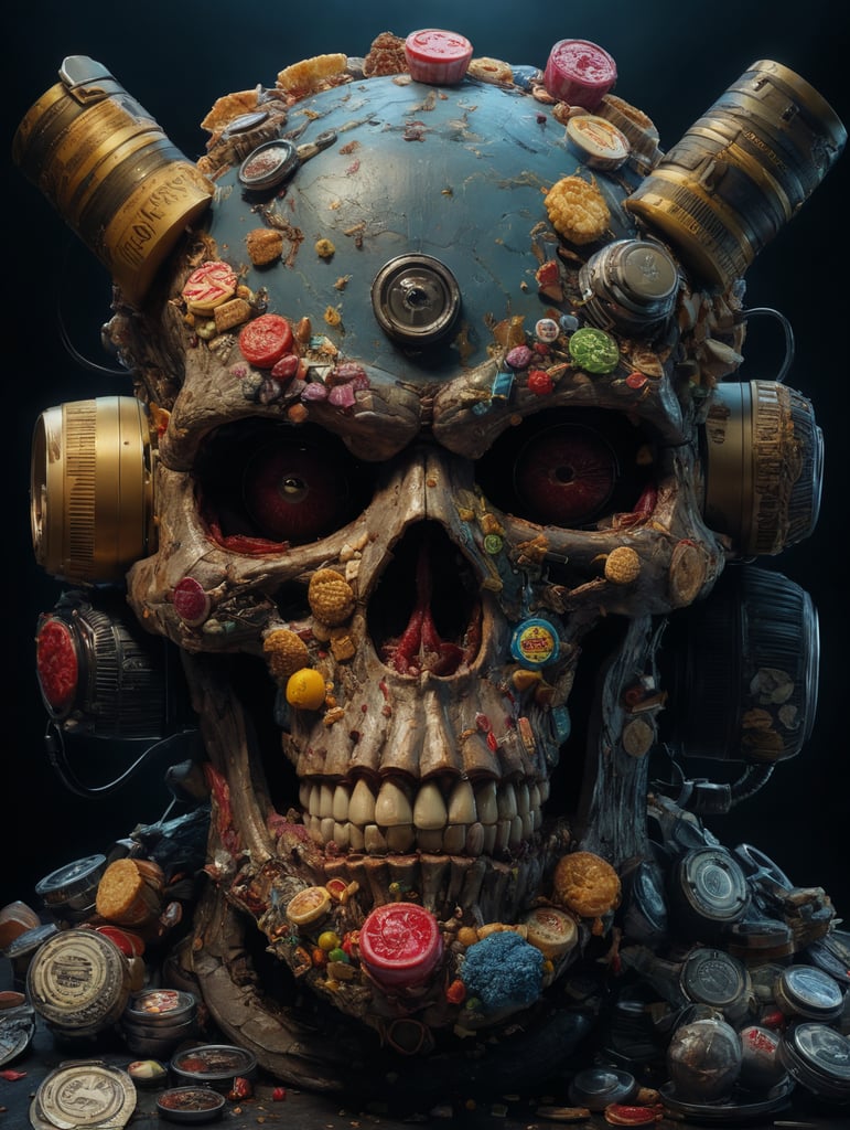 The anatomy of a zoombie head made of junk food, an ultrafine detailed painting by james jean, octopath traveler, behance contest winner, vanitas, angular, altermodern, surreal