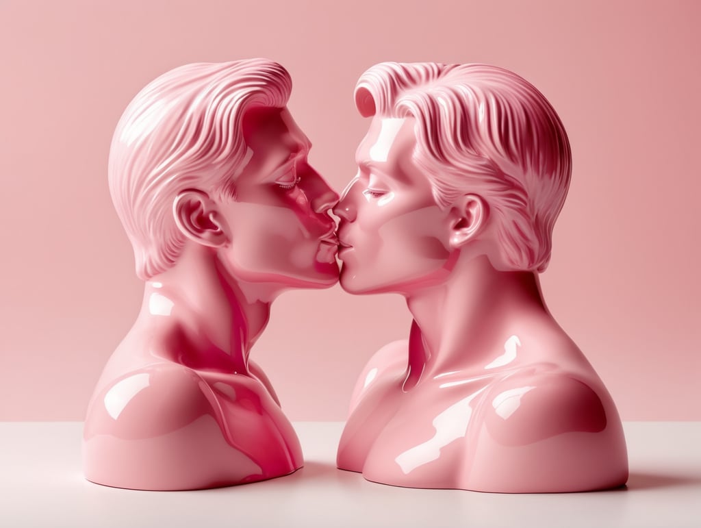 Kiss Art: Two pink glazed ceramic single color figures kissing each other, isolated, pink background