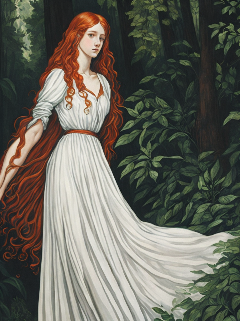 A red-haired young beautiful girl with long hair and a light dress against the backdrop of a dense forest, painting, oil, water color, Gouache, Stained Glass, style of Edward Burne-Jones