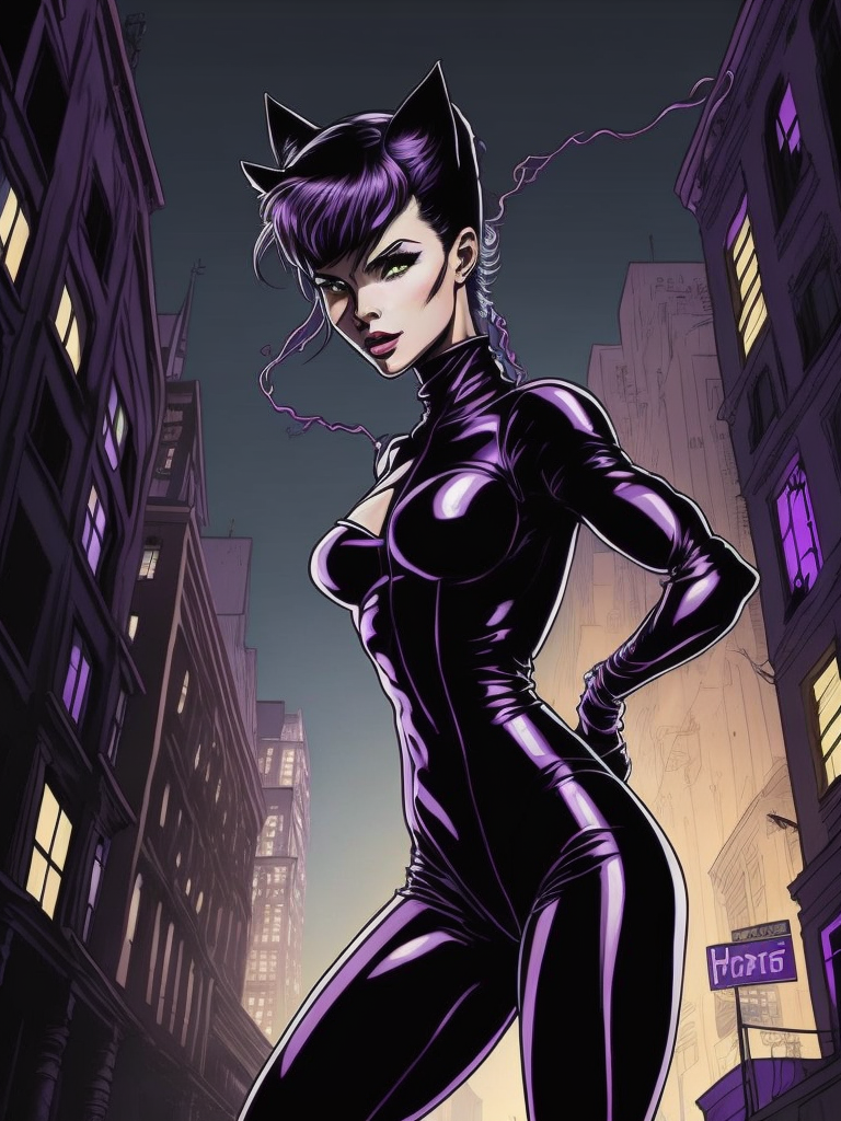 Catwoman in her classic purple and black costume, with her signature whip coiled around her waist and her sleek, feline-like movements. the background is a dark alleyway, with the neon lights of the city flickering in the distance. the image is drawn in the style of early 90s cartoons, with bold lines and bright, bold colors