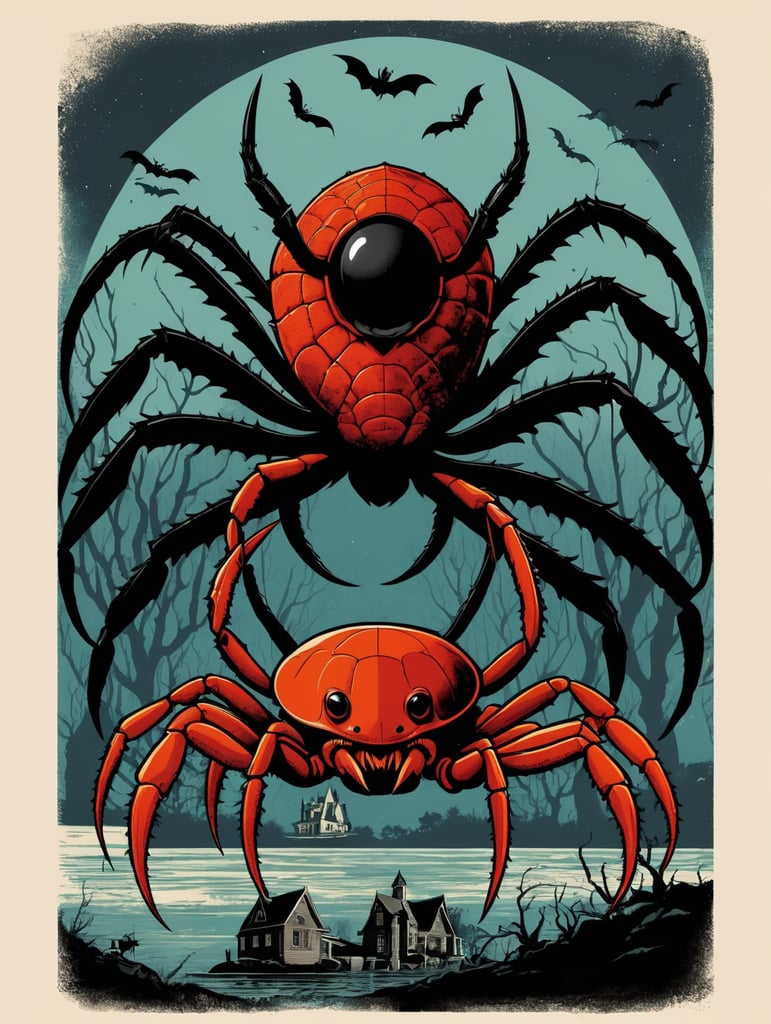 1950's b-movie horror halloween t-shirt print design featuring a giant crab and black widow spider