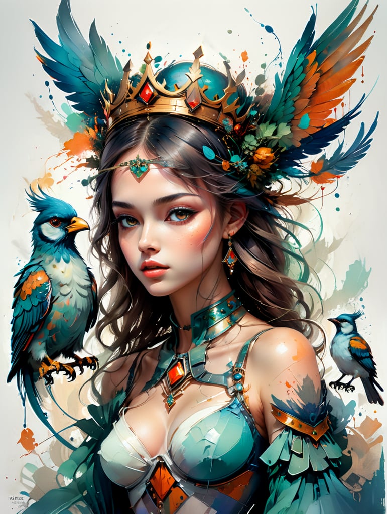 Illustration from a Russian fairy tale, a beautiful girl with the body of a bird and a crown on her head