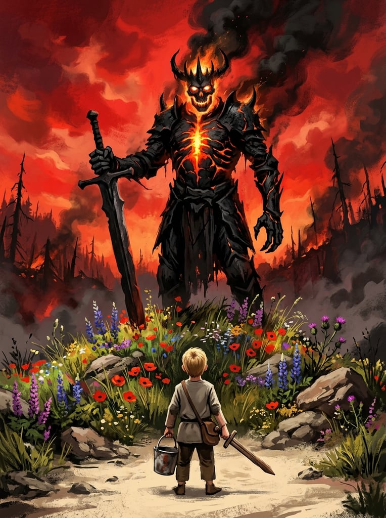 towering charred-black entity with a glowing skull visage and molten core, thick smoke billowing from its crown, grasping a long dark sword, standing atop a vivid mound of wildflowers and stones, looming over a small child seen from behind holding a wooden practice sword and metal bucket, pale sandy foreground, intense crimson background with jagged smoky forest silhouettes, bold painterly digital illustration, stark color contrast between the fiery red sky, the pitch-black figure, and lush floral pedestal