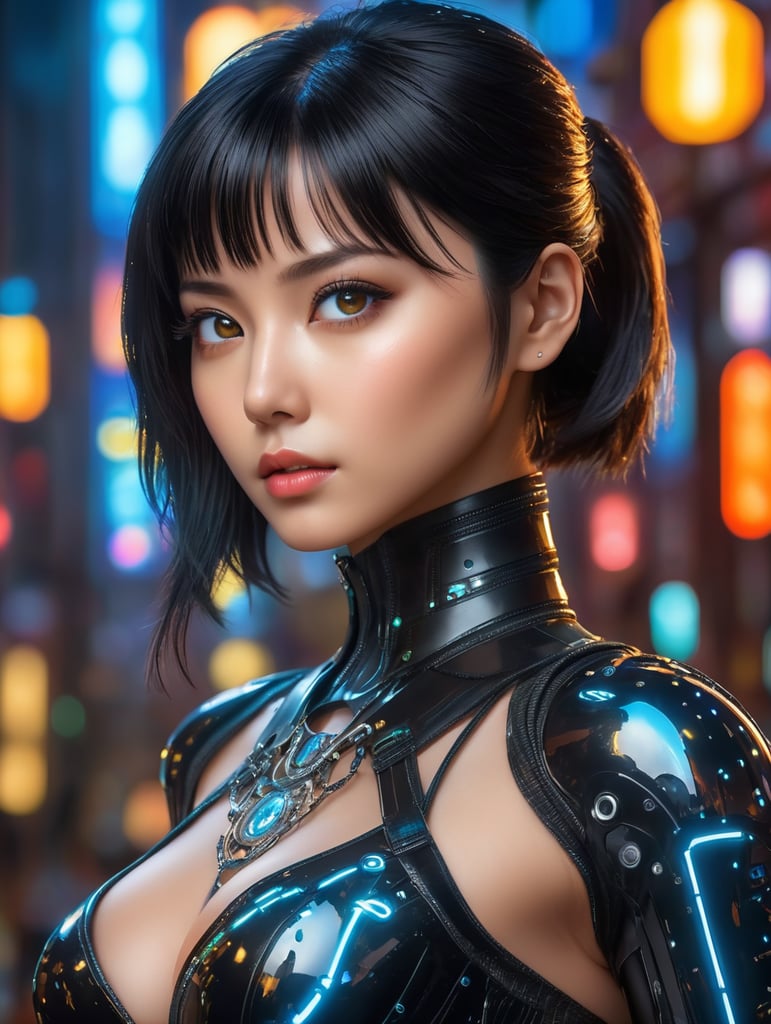 Beautiful full body shot of Reika, black latex bodyshuit, straight black hair, science fiction, cyberpunk city in the background, gantz, In the Style of Cyberpunk 2077, Ultra realistic photo face of a beautiful woman, masterpiece, best quality, CG, wallpaper, HDR, high quality, high-definition, extremely detailed, beautiful detailed face, beautiful detailed eyes, detailed light intricate detail, highres, detailed face, extremely detailed face, beautiful face, young woman, Jewel-like eyes, neon light, chiaroscuro, anime style, key visual, intricate detail, highly detailed, breathtaking, vibrant, cinematic