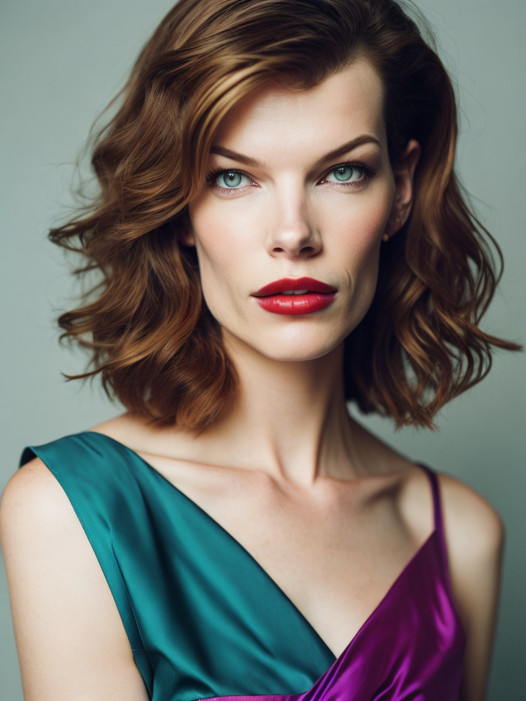 Portrait of Milla Jovovich, Vivid saturated colors, Contrast color, studio photo, professional photo, Rich colors, Detailed image, detailed face, style of Miles Aldridge