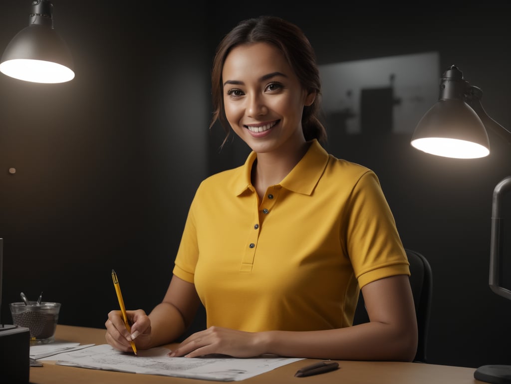 happy worker behind desk, using plain yellow polo tshirt, with a pen on her hands smiling, no background