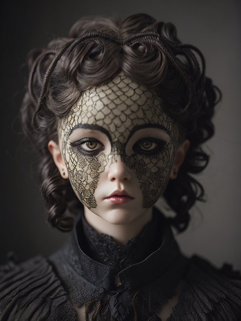 Quay Brothers style, Victorian porcelain doll's head, hair made of black mamba snakes, intricate black lace, muted colors, gothic horror, highly detailed