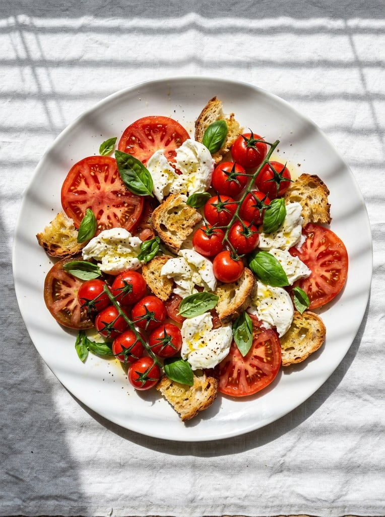 A top-down food photography shot of a vibrant salad on a large round white plate over a textured white surface. The rustic dish features thick red tomato slices, glossy cherry tomatoes on the vine, torn chunks of fresh white mozzarella, irregular pieces of toasted bread, and scattered green basil leaves. High-contrast natural sunlight casts distinct, parallel linear shadows across the arrangement. The bright, high-key lighting emphasizes the rich red, white, and green color palette.