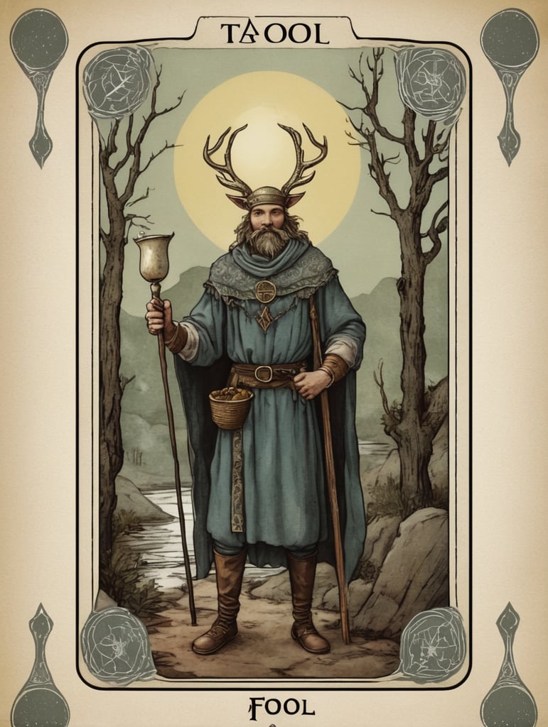 Tarot card , “the fool”, rustic, fantasy, traditional tarot layout