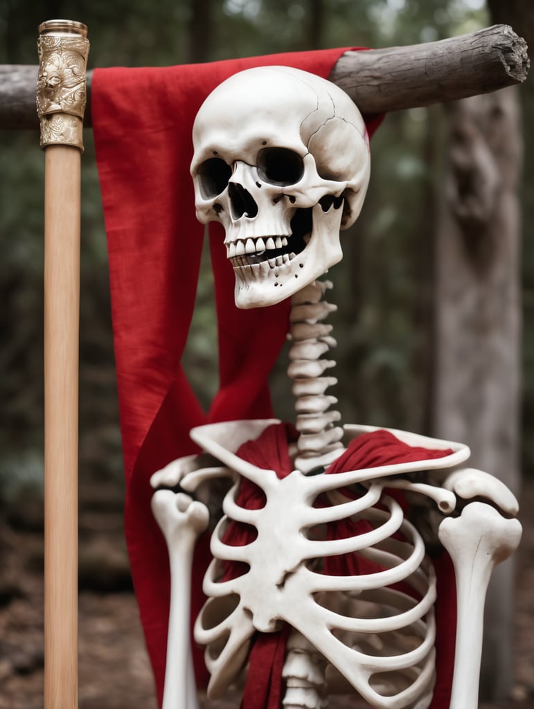 a head of a skeleton with a piece of red cloth over the eyes placed on a wooden stick in a shrine like manner