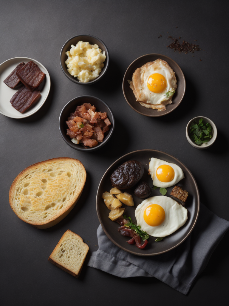 a product photo of fried eggs and bacon and hash browns and black pudding and mushrooms and toast, photorealistic, highly detailed, restaurant background, studio lighting, Canon 5D Mark iii, Canon 85mm prime lens
