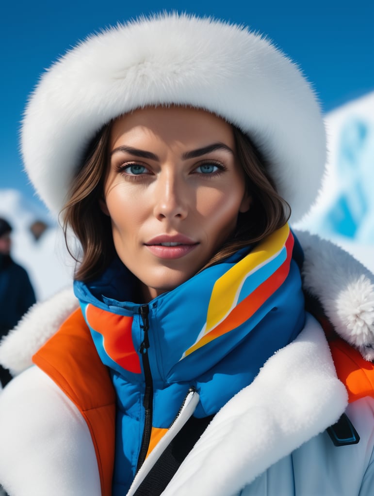 Candid photojournalistic shot] [french supermodel, stunning arctic outfit, antarctica] [colorful gardens, nature celebration] [bluecore, snowcore] [shot on medium format filmschool], cinematic, 8k, masterpiece