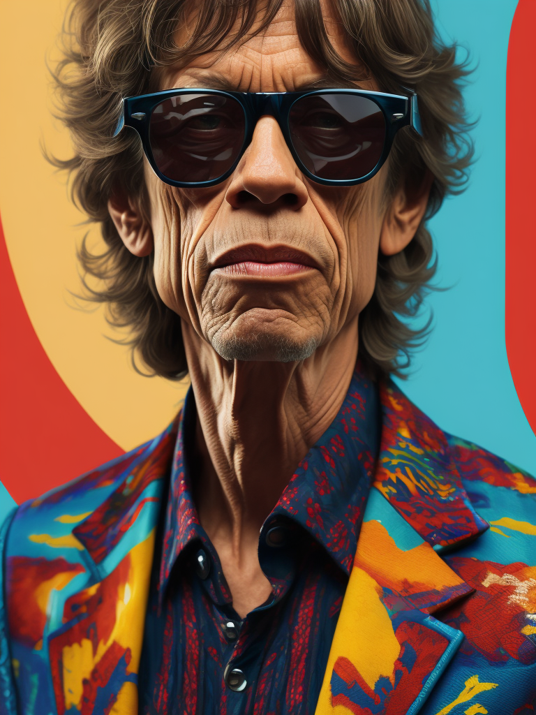Mick Jagger wearing a brightly patterned jacket and wayfarer glasses, Vivid saturated colors, Contrast color, face in the center of the picture
