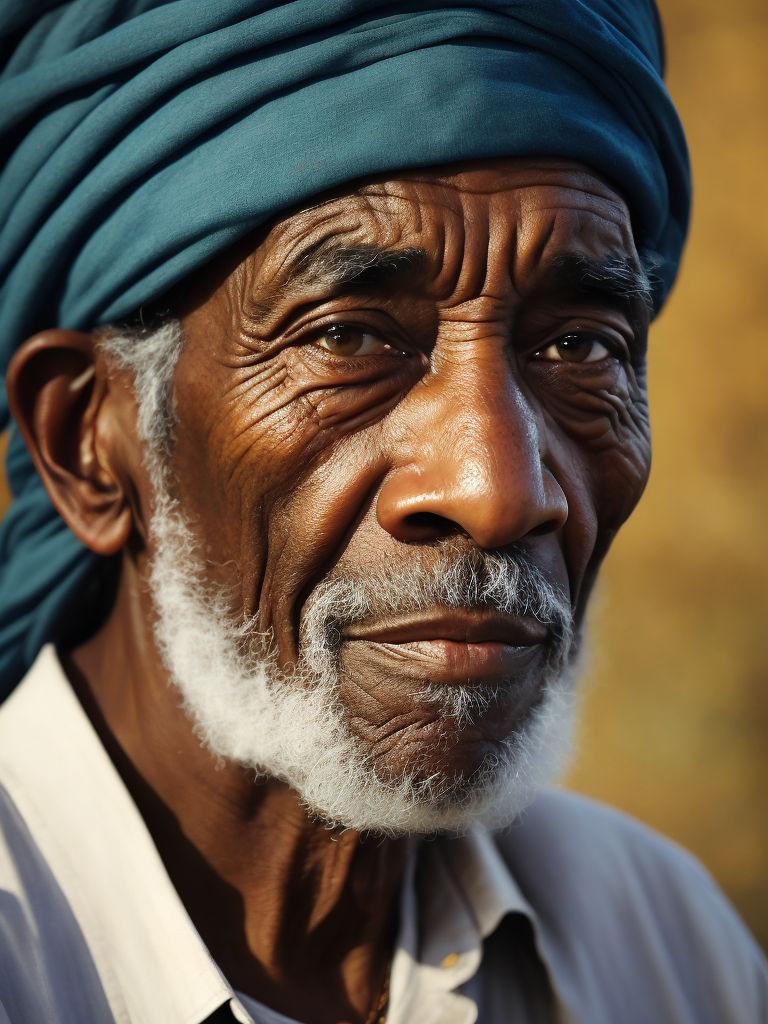 Jamaica's Old Man, portrait, realistic image, lots of details, wearing turban