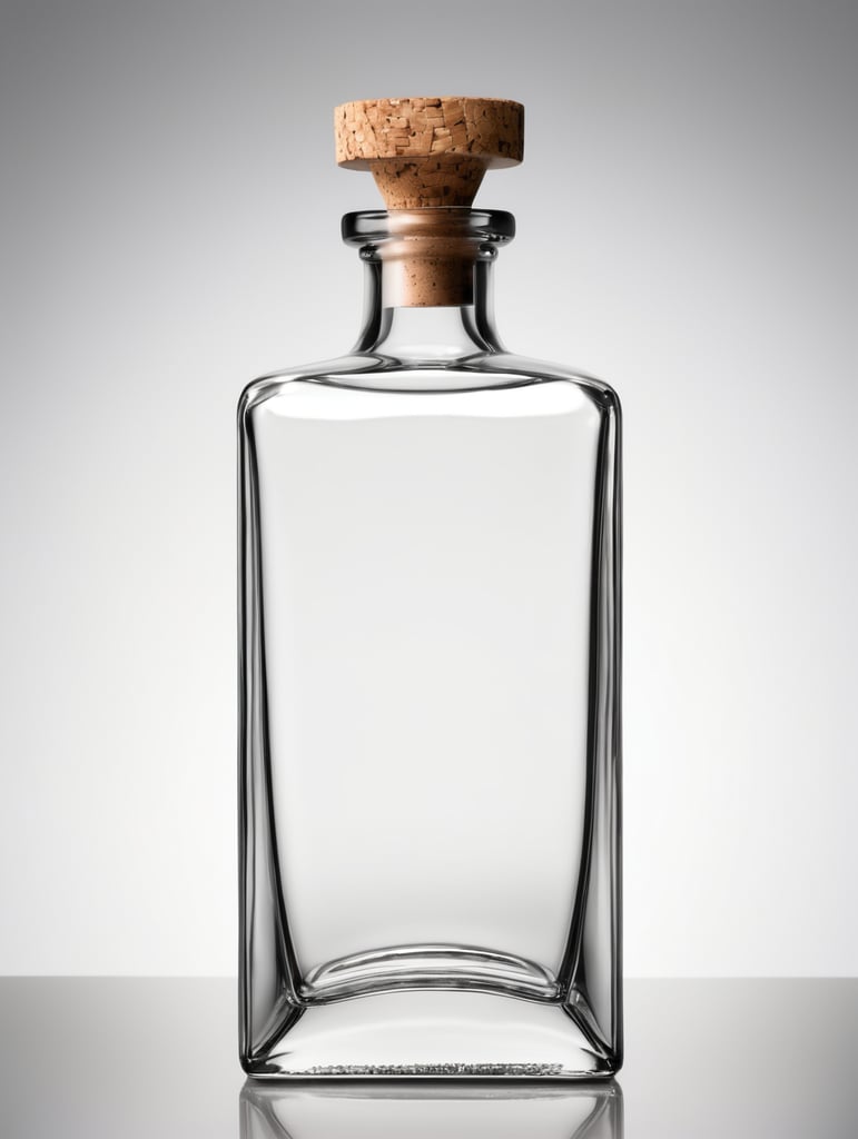 Design minimalist clear tequila bottle that’s square using 4.5” x 4.5” x 8” with the top edges being rounded and curved with bottom remaining square. Add a natural cork.