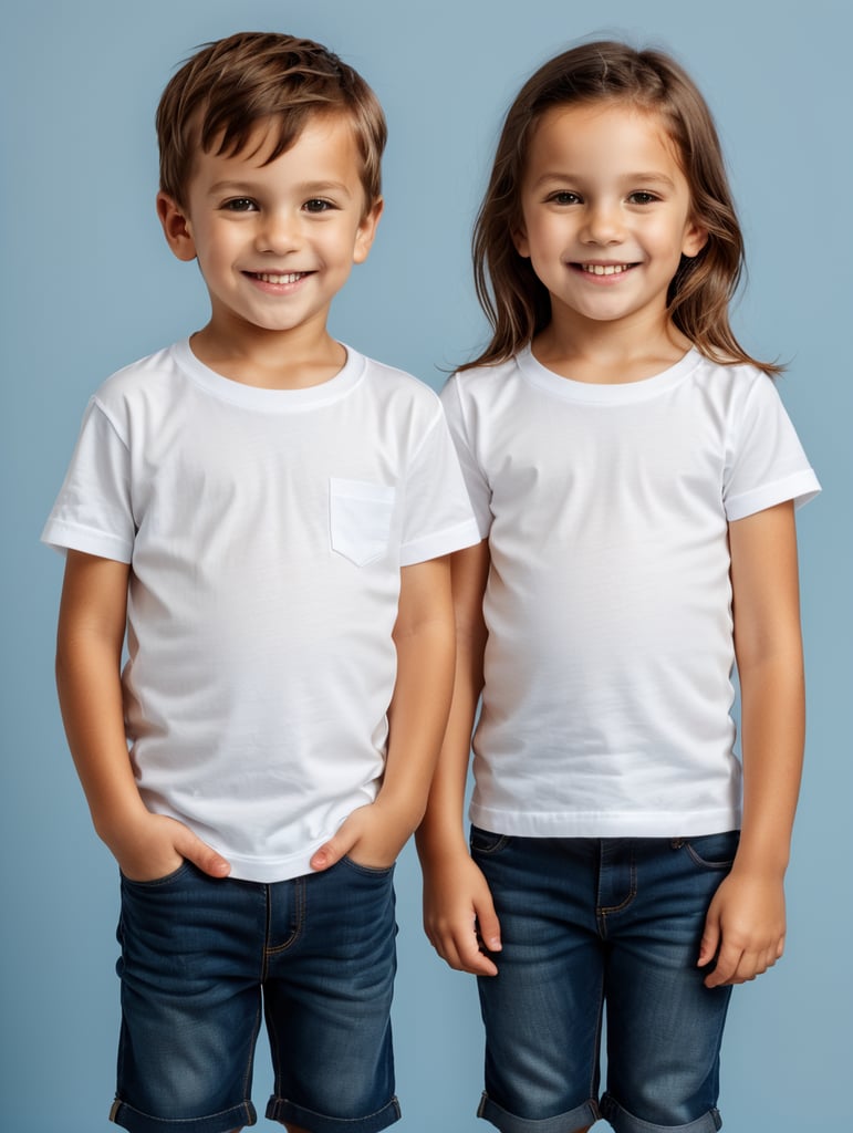 a Little boy and girl wearing white t-shirts, standing in front of blue background, blank shirts no print, 9 years old smiling toddlers, photo for apparel mock-up