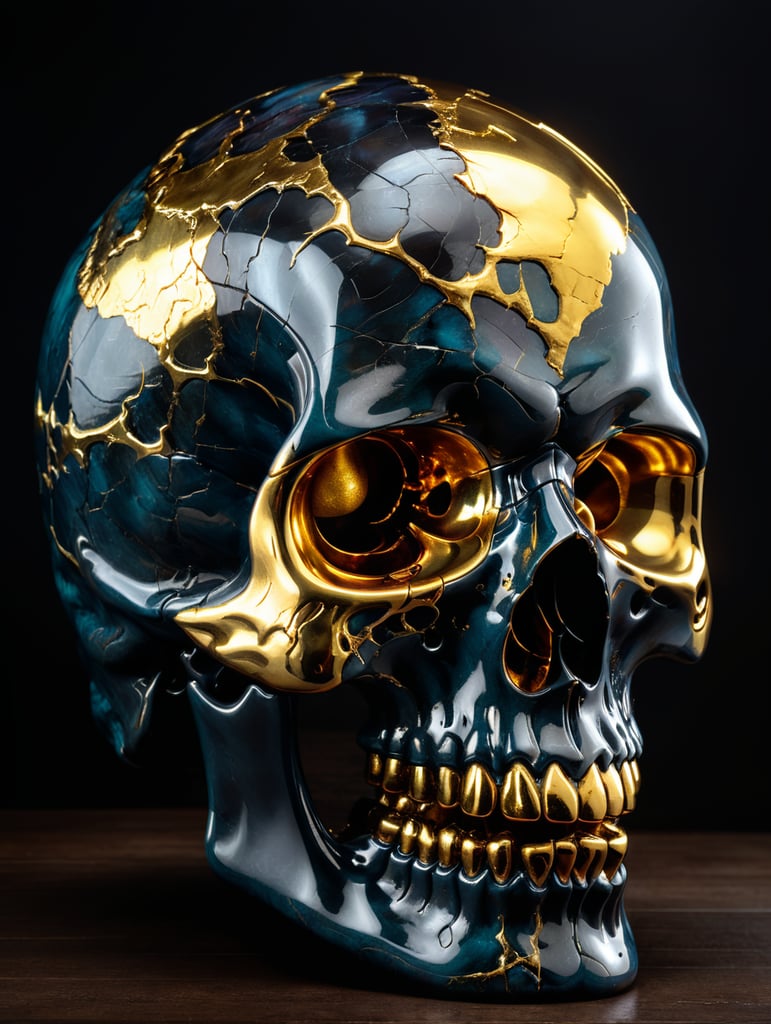 A cracked shiny obsidian sculpture of a skull with gold inside, studio lighting, dark background