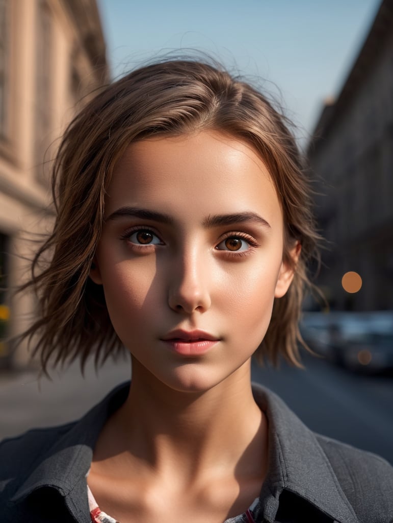 (European girl:5), (((perfect body))), (brown eyes), ((casual fashion clothes)), (((extremely detailed eyes))), ((perfect face)), (texture of the skin), ((extremely detailed skin with skin pores)), (confident expression), city backdrop, dynamic composition, soft yet striking lighting, shallow depth of field, sharp details, highly detailed, hyper-realistic, 50mm lens, cinematic, naturally blurred background.