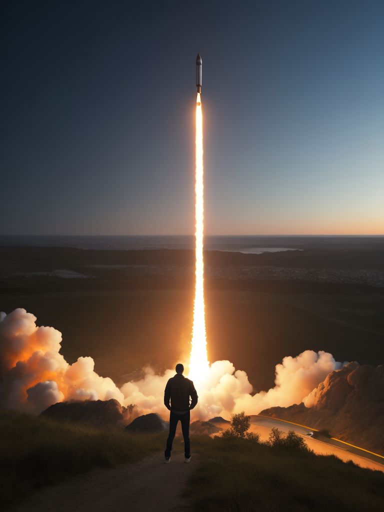 A highly detailed photo of a man on a hill watching a rocket launch in the distance, volumetric lighting, contrast details, professional shot, sharp focus