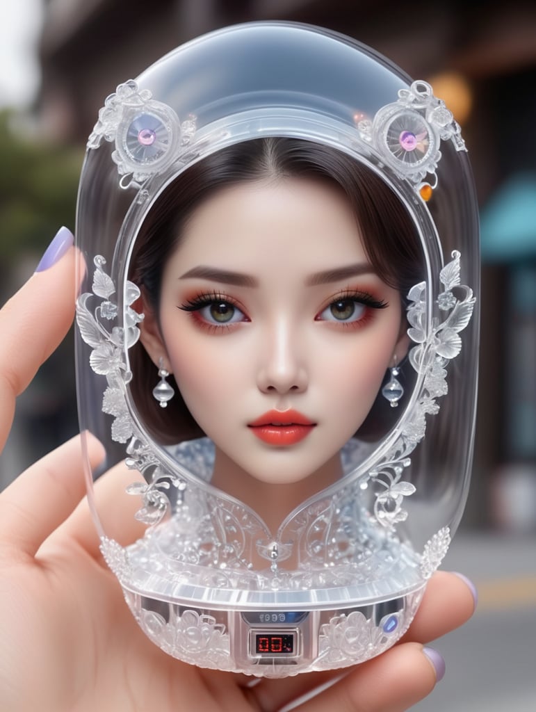 Cute aesthetic, a (tiny cute translucent polycarbonate women) with an led screen face, emoticon, stunning render, intricate details