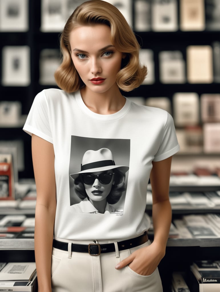 Extremely detailed photographic image, grained image, beautifully composed, monochrome image, 50's fashionable image, fashionable magazine photography, leica summicron 35mm f2.0, kodak 400tx, fashion photography, fashionable model, william s. burroughs, Woman wearing blank white T-Shirt in Clothing Store Mockup, mock up