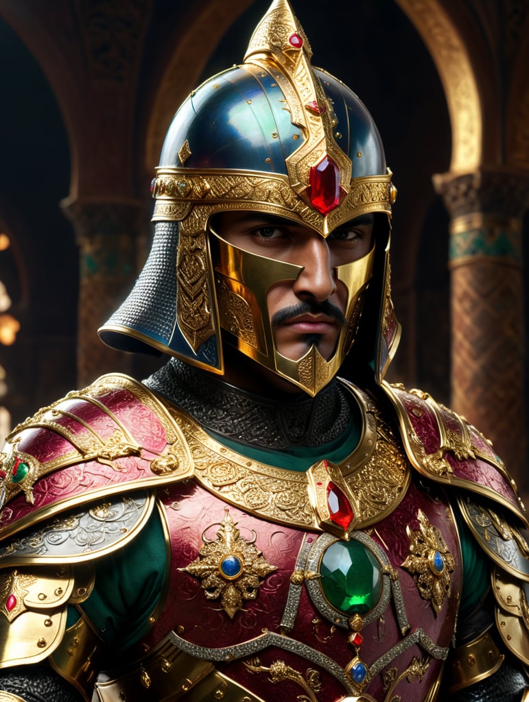 Arabian knight warriors, gold encrusted, armor, gold, ruby, sapphire, emerald, opal, Persian helmet