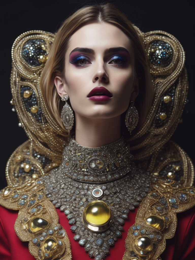 retrofuturistic massive huge jeweled necklace with huge diamonds and jewels on interplanetary interspecies male robot monster, horrific, terrifying, scary, mean. many spirder eyes, huge big jewel encrusted clothing, big pearls, precious gems. The set design is bold geometric patterns photographed by Romina Ressia, film still from wes Anderson, Gucci, Versace, givenchy, medium shot fashion, award winning photography, arty pose, fashion, diaphanous layered ultra haute couture, high definition, high resolution, bold vibrant colors , volumetric lighting, 8k, 3d render