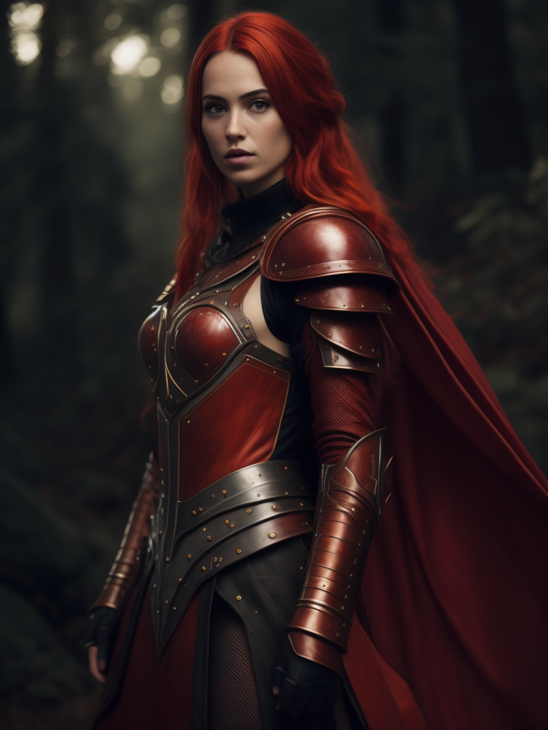 A young beautiful girl in red armor and red hair against the backdrop of a forest in red-burgundy tones, blurred background, focus on the girl, detailed armor, Dramatic Lighting, Depth of field, Incredibly high detailed