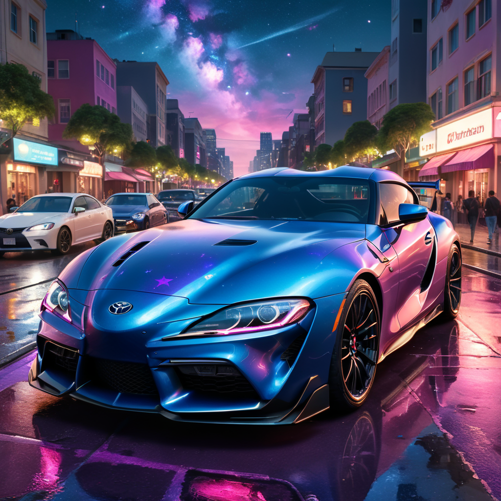 Blue Toyota Supra front camera on a city metropolis street at night with pink and purple sky and stars, high quality, ultra detailed, vivid colors, symmetrical