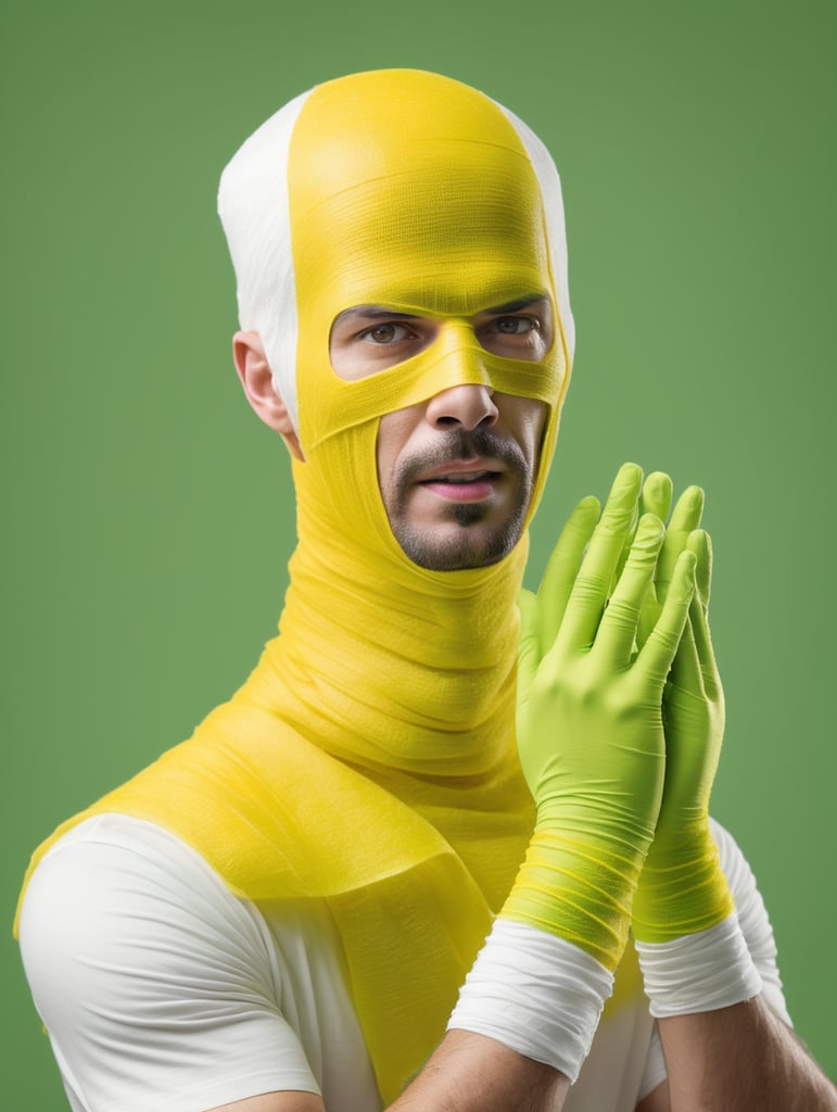 A photograph of man covered in yellow bandages with realistic style, halloween costume, green background, full body, show hands, show neck and head