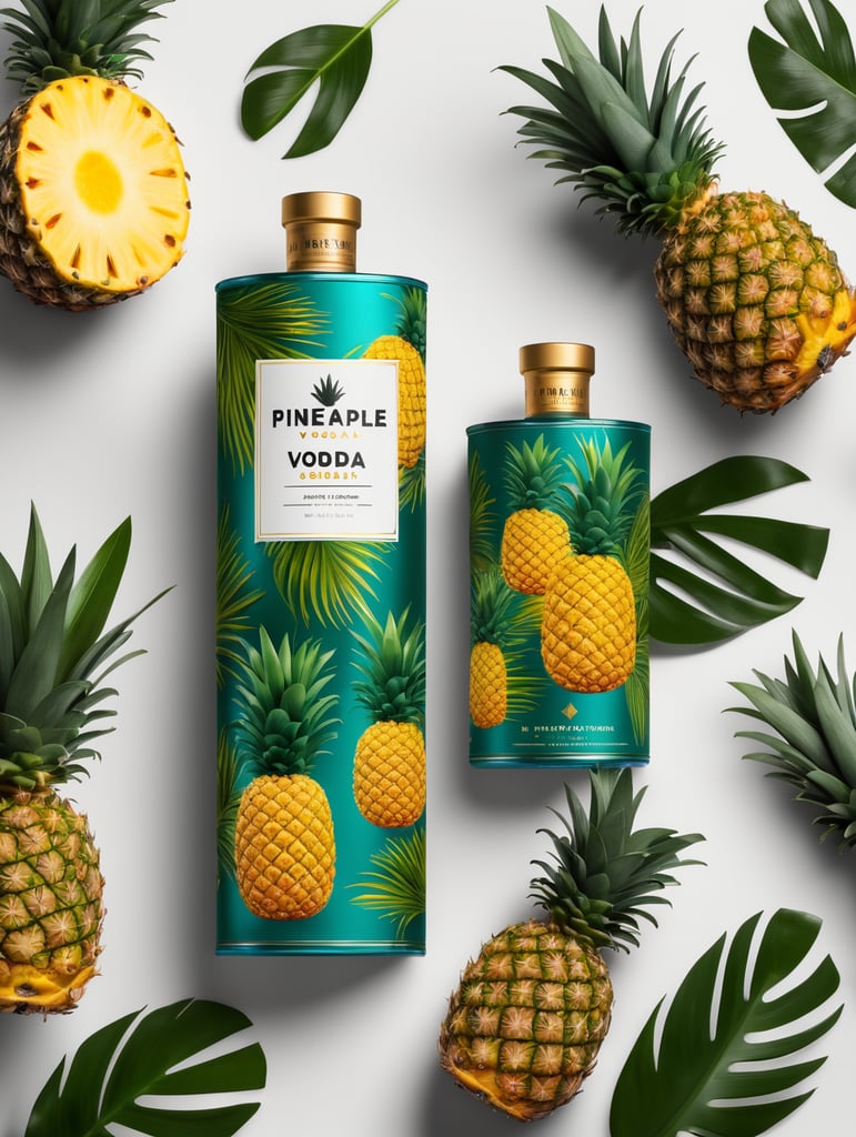 Packaging and branding for a pineapple vodka brand as if it had been designed by HI ESTUDIO with In a set design with pineapple, pineapple leaves, mockup