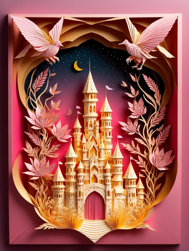 Дворец принцессы в золотых и розовых цветах, футуристичное будущее