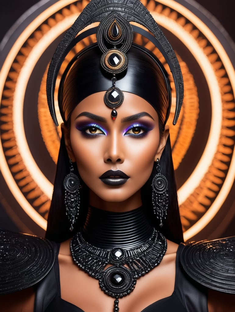 A tan skin indian goddess all black sleek futuristic outfit, with huge headpiece center piece, clean makeup, with depth of field, fantastical edgy and regal themed outfit, captured in vivid colors, embodying the essence of fantasy, minimalist