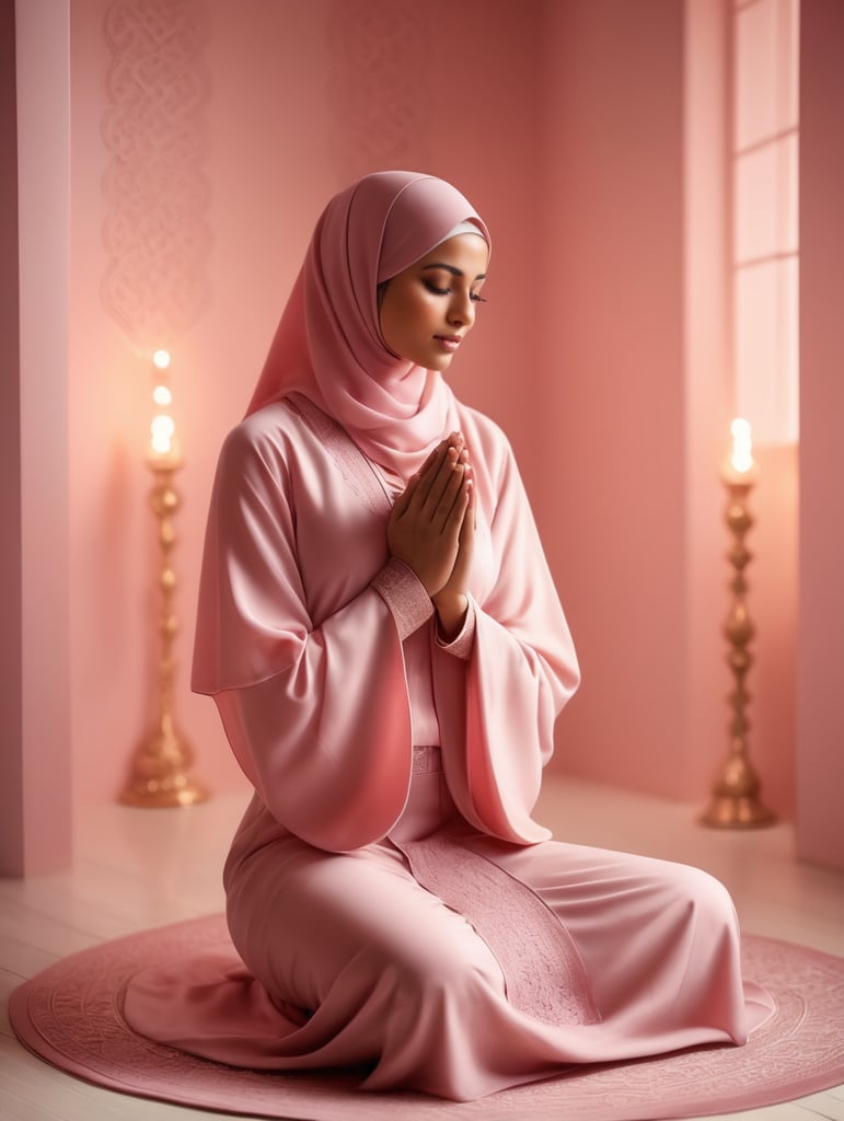 A Muslim lady in a room coloured with pink praying with her body covered