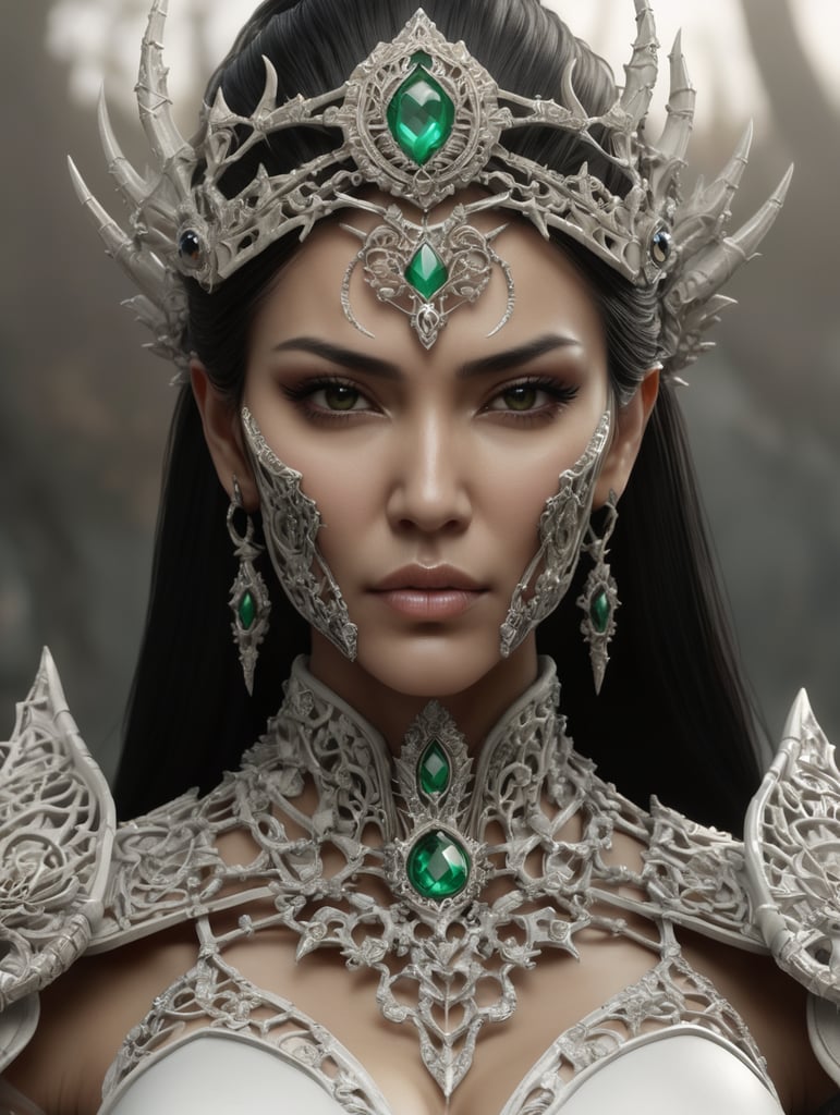 female mortal Kombat character wearing filigree bone jewel amour and a ultra realistic crown made of bones and thorns. must be hyper detailed and intricate.